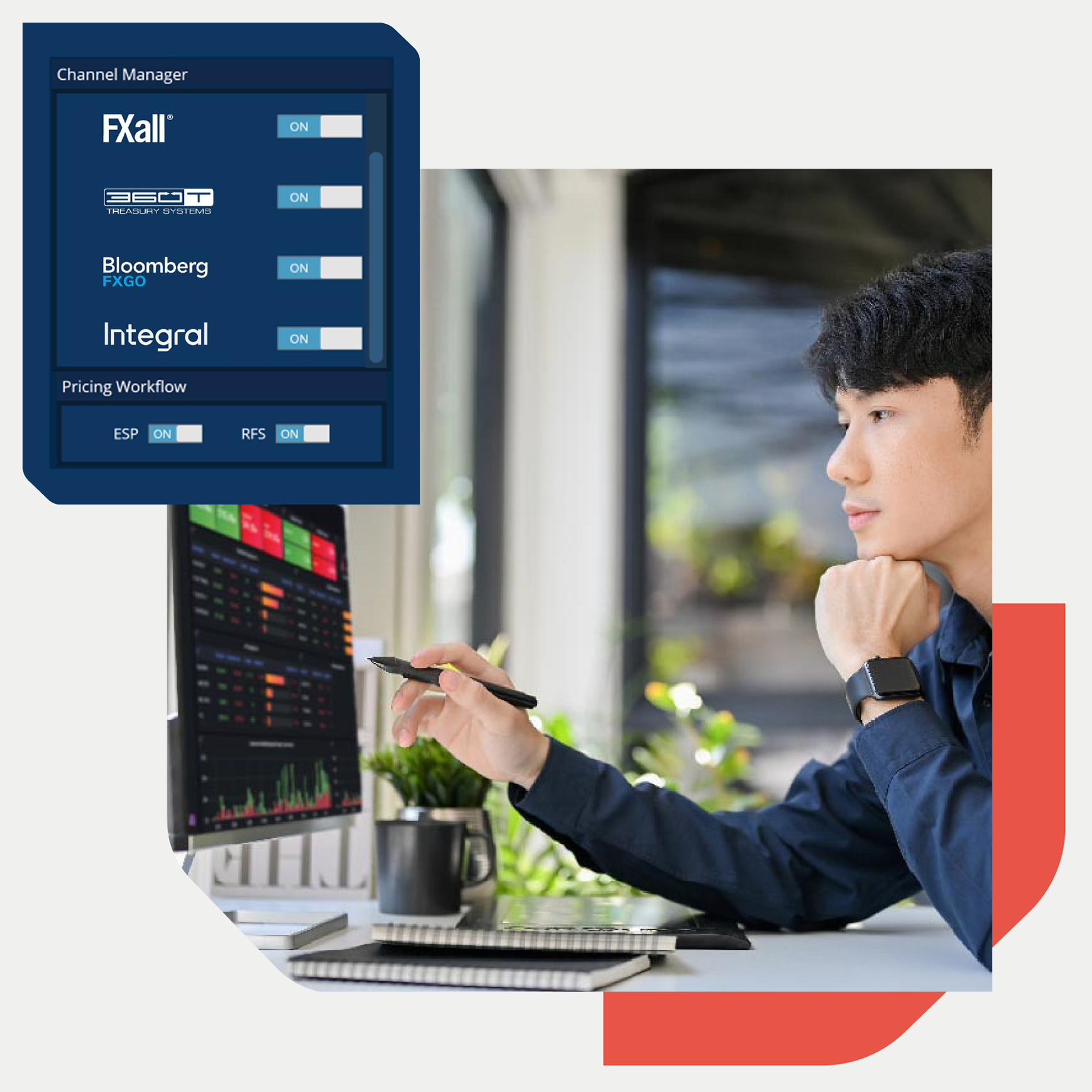 A focused individual at a desk analyzing financial information on a computer screen, with various trading platforms activated, as indicated by the 'ON' toggles on a graphic overlay.