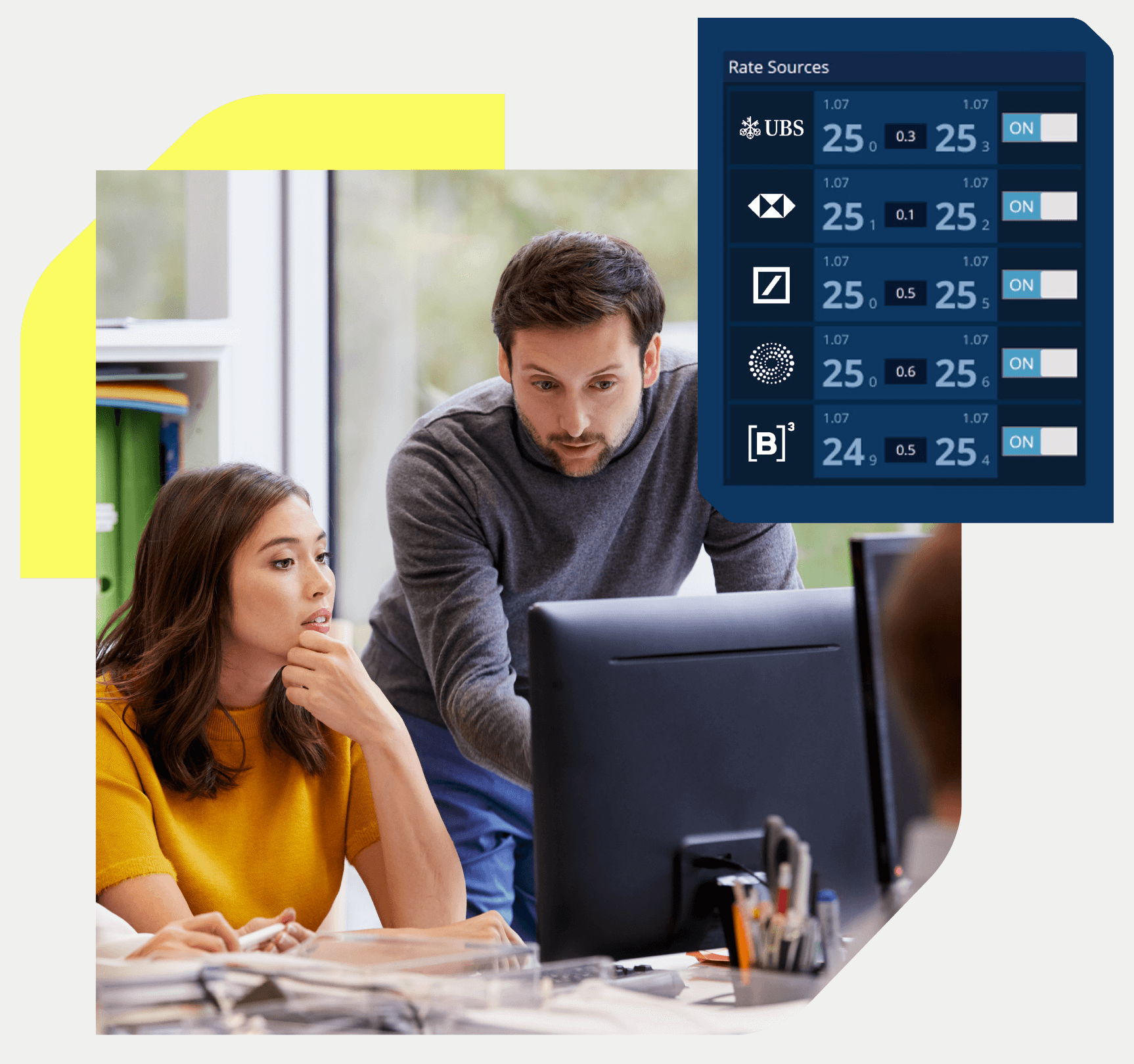 A man and a woman in an office setting, both focused intently on a computer monitor. In the foreground, a graphic overlay displays 'Rate Sources' with various numeric values.