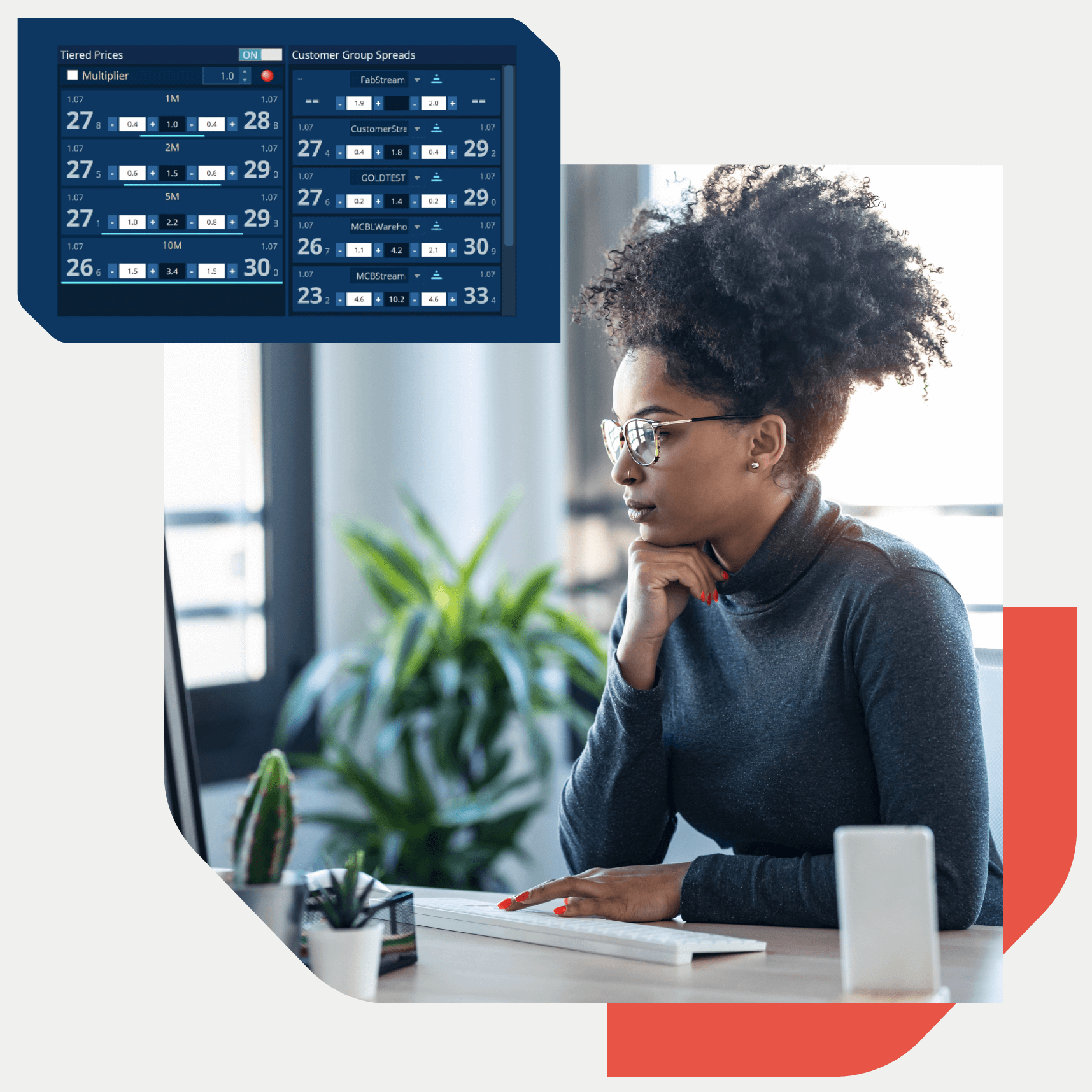 Afocused woman working at her desk, with a computer monitor. There is a second image in the top left displaying complex financial data, including tiered prices and customer group spreads.