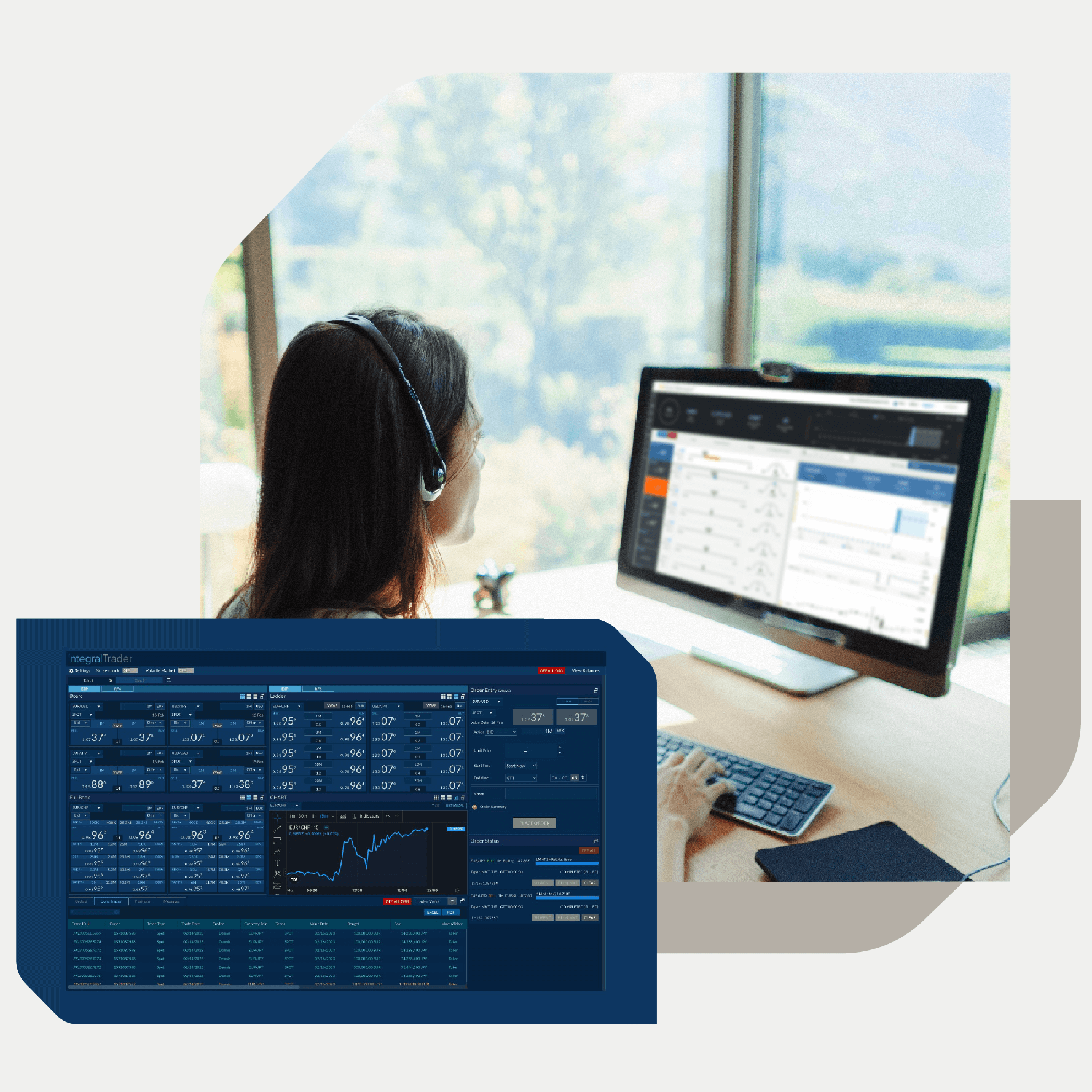 A woman with headphones working at her desk on a computer the screen is displaying various charts and data.In the bottom left corner of the foreground, there is a shaped image depicting a data analytics interface with various metrics and graphs.