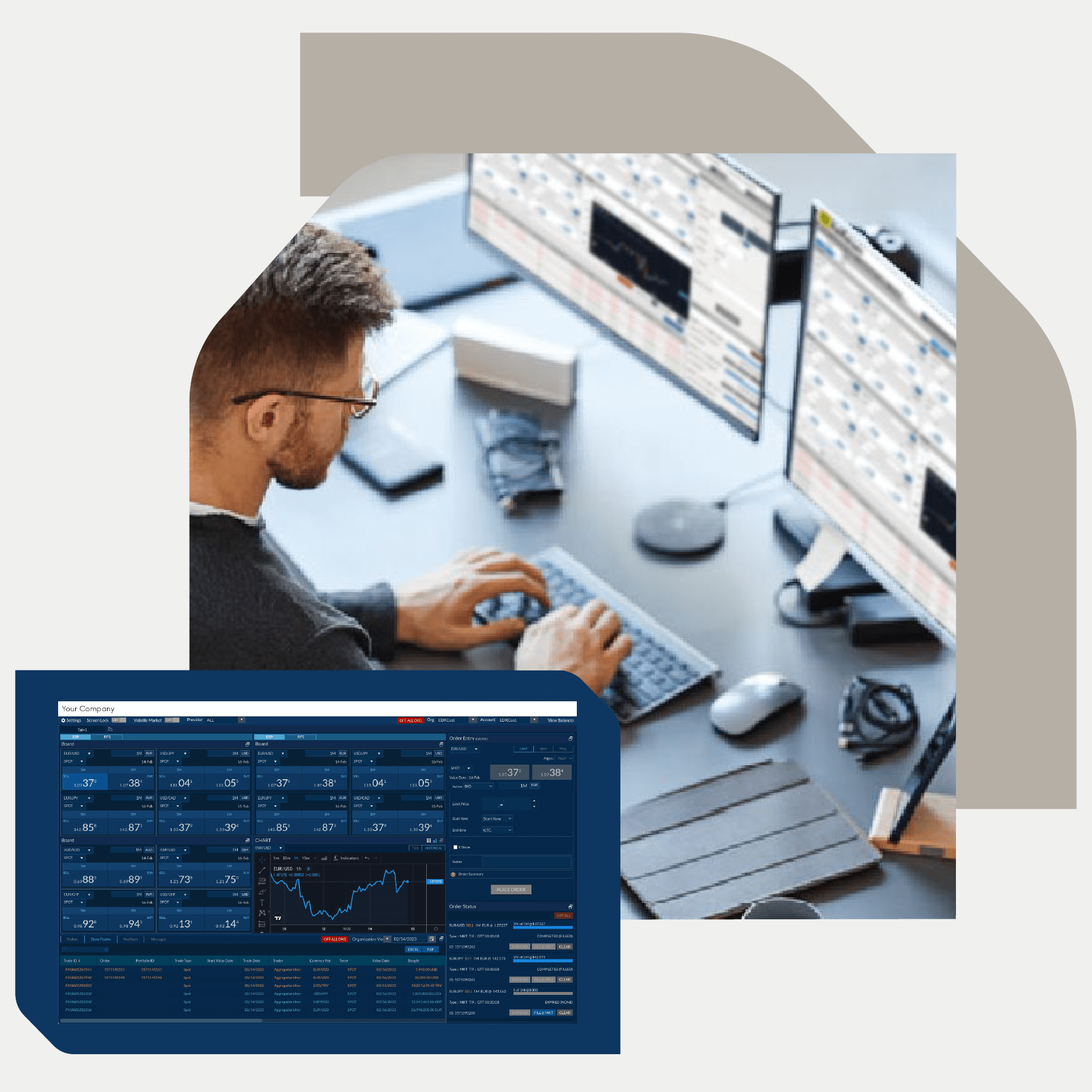 An overhead angled view of a man working on a computer with two screens showing data. .In the bottom left corner of the foreground, there is a shaped image depicting a data analytics interface with various metrics and graphs.